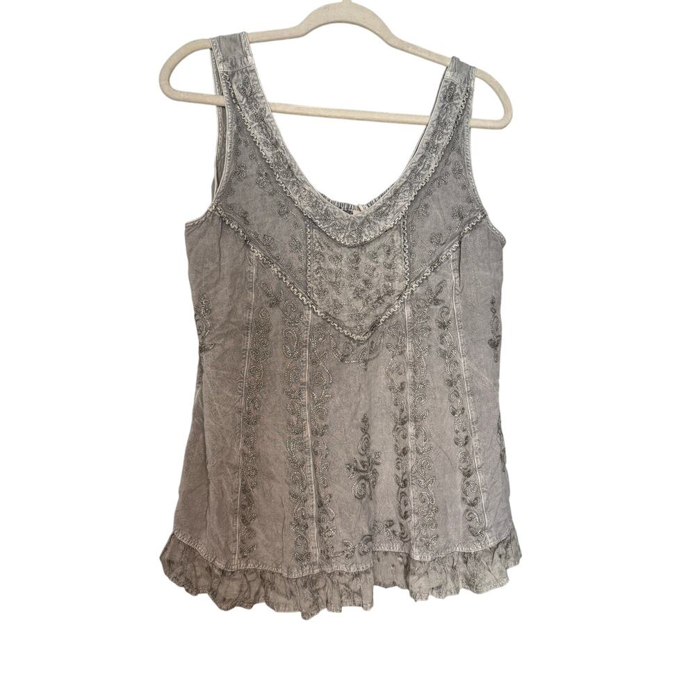 Soft Surroundings Gray Embroidered Ruffle Tank